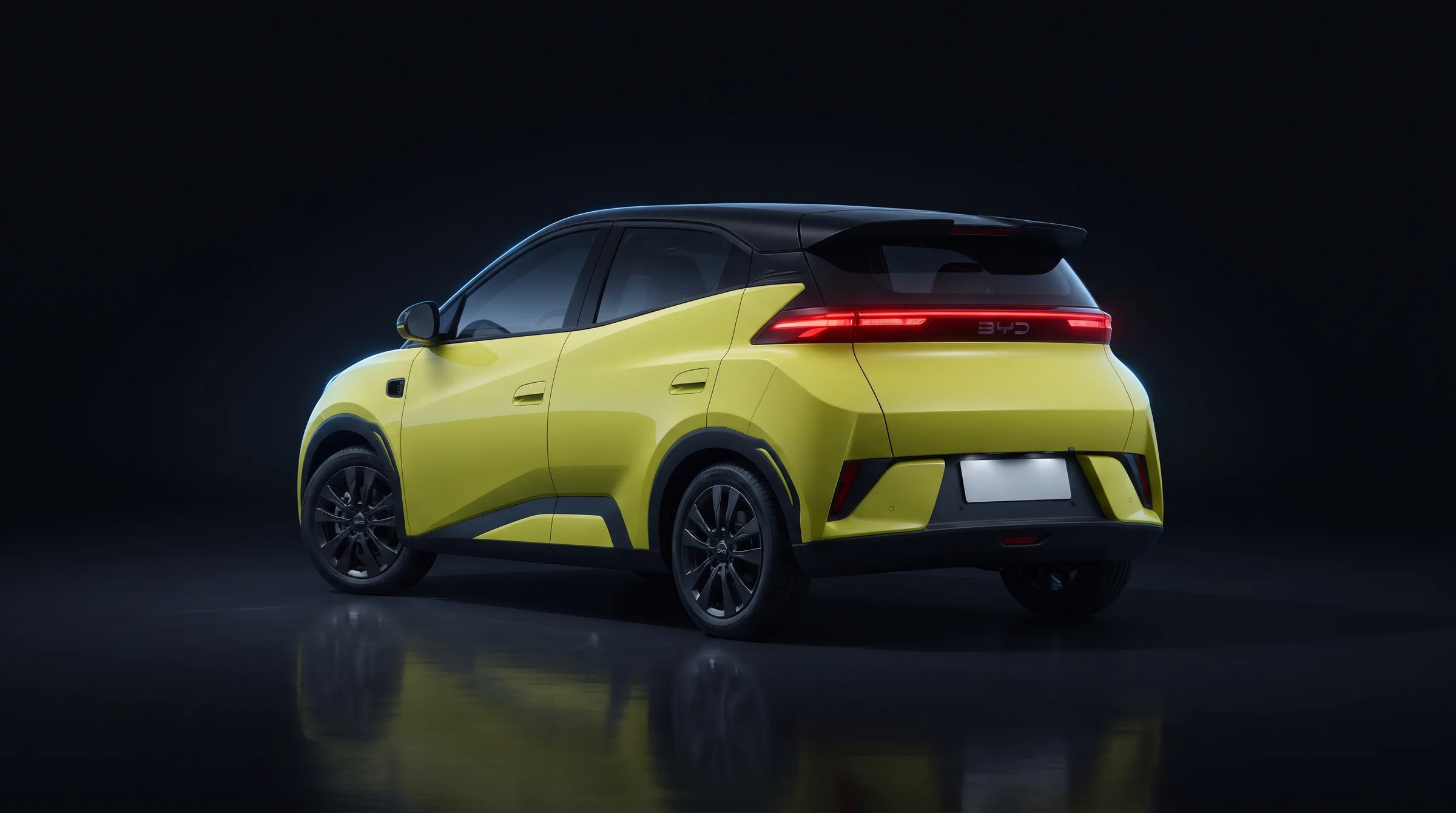 BYD Seagull сзади в три четверти, лаймовый с чёрной крышей, визуализация
